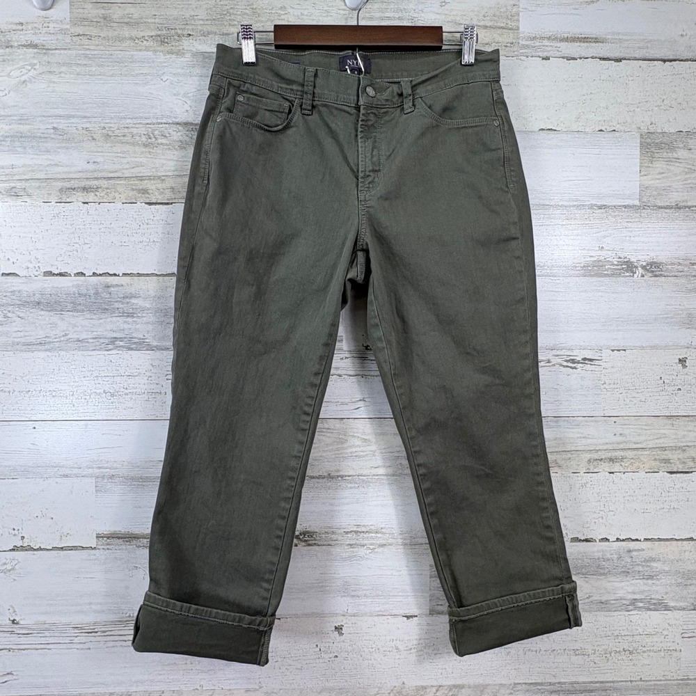 NYDJ Dayla Wide Cuff Capri Pants Womens 6 Olive Green Lift Tuck Utility Granola